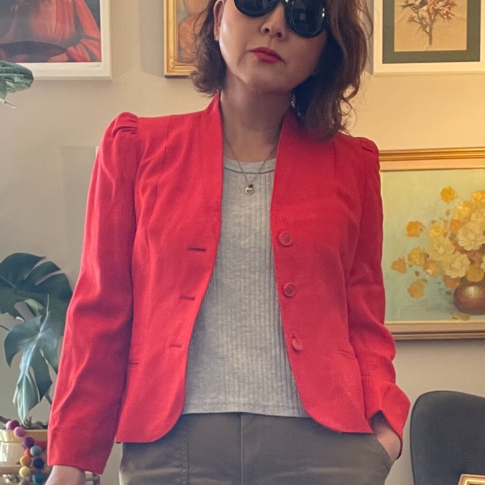 Vintage 1980s Cherry Red Peabody House Short Blazer with Puff Sleeves, Pockets - Picture 2 of 11